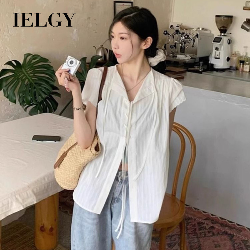 IELGY สีขาวไหล่ตรงแขนสั้นเสื้อผู้หญิงเสื้อผูกออกแบบฝรั่งเศส