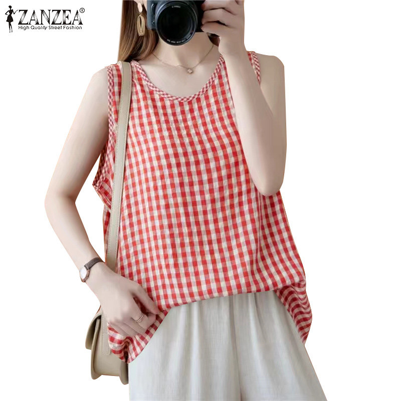 Zanzea ผู ้ หญิงเกาหลี Elegant Spliced Round Neck Check เสื ้ อกล ้ ามแขนกุด