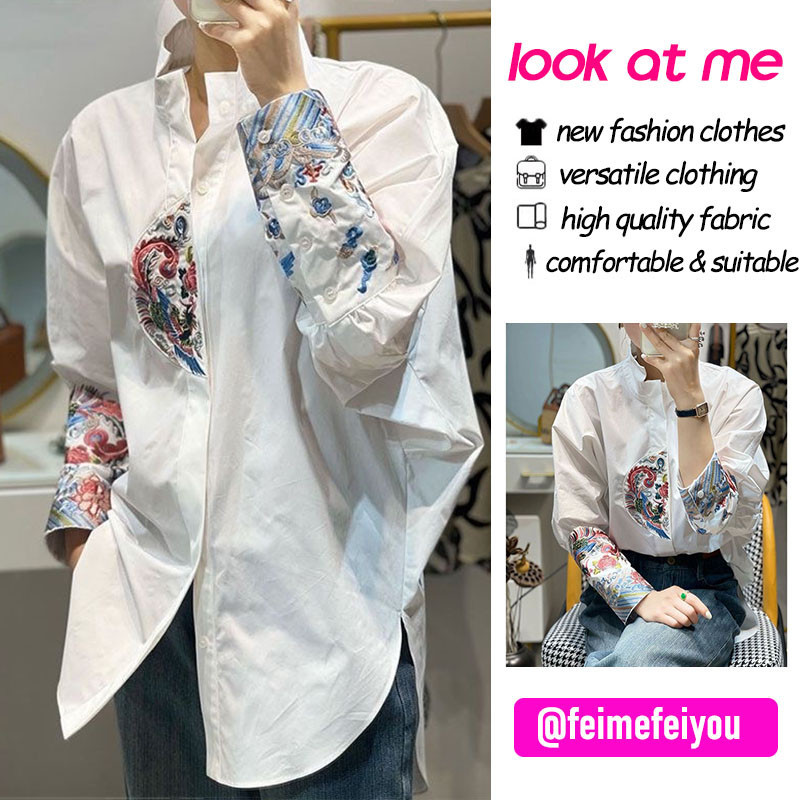 ฝรั่งเศสเสื้อผู้หญิงที่ไม่ซ้ํากันเก๋ด้านบนขนาดบวกเสื้อสไตล์จีนเย็บปักถักร้อยสีขาวเสื้อแขนยาวหลวมยืนปก
