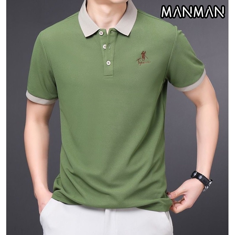 MANMAN เสื้อคอปกแขนสั้น แขนสั้นสำหรับธุรกิจระดับสูง เสื้อยืดหลวม ชุดโปโลสี