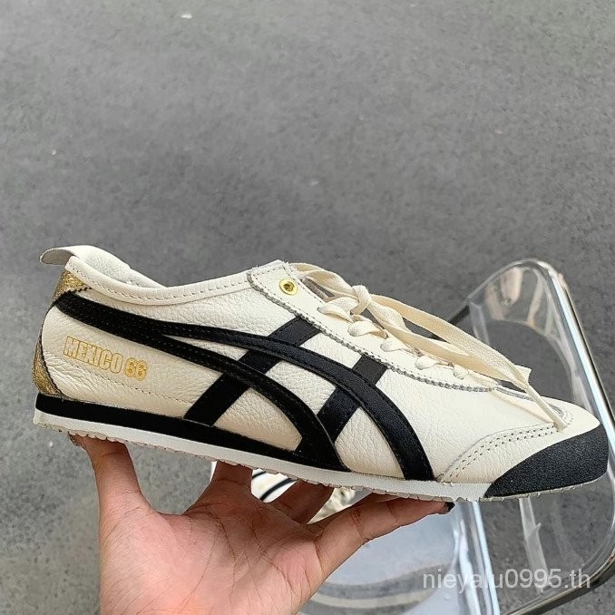 Ua Tokuten Onitsuka Tiger Mexico 66 รองเท้าหนังที่ทนทานต่อการสึกหรอของผู้ชายสีดําสีเบจ