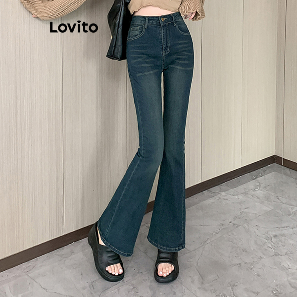 Lovito กางเกงยีนส์ฟอกสีธรรมดาสำหรับผู้หญิง LNE51183