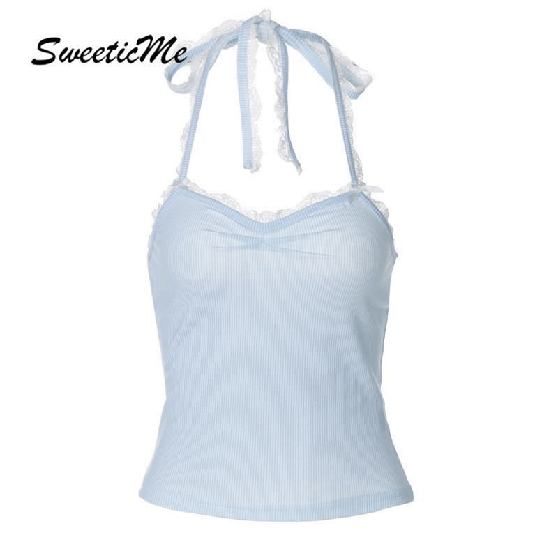 Sweeticme ผู้หญิง 2024 ใหม่แฟชั่นลูกไม้เซ็กซี่ Halter Backless Slim Fit All Match Tank Tops Camisole