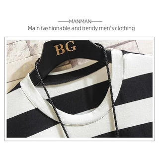 MANMAN เสื้อเชิ้ตแขนสั้นลายทางหนา ใส่ได้ทั้งชายและหญิง เสื้อยืดคอกลมลายทาง