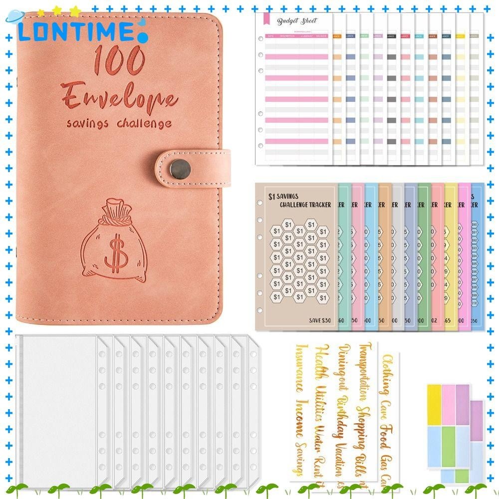 Lontime Binder สมุดออมทรัพย์, Reusable Budget Binder 100 ซองเงินประหยัด Challenge, Budget Saving Challenges Book A6 กระเป๋าสไตล์เงินสดบรรจุซอง Binder