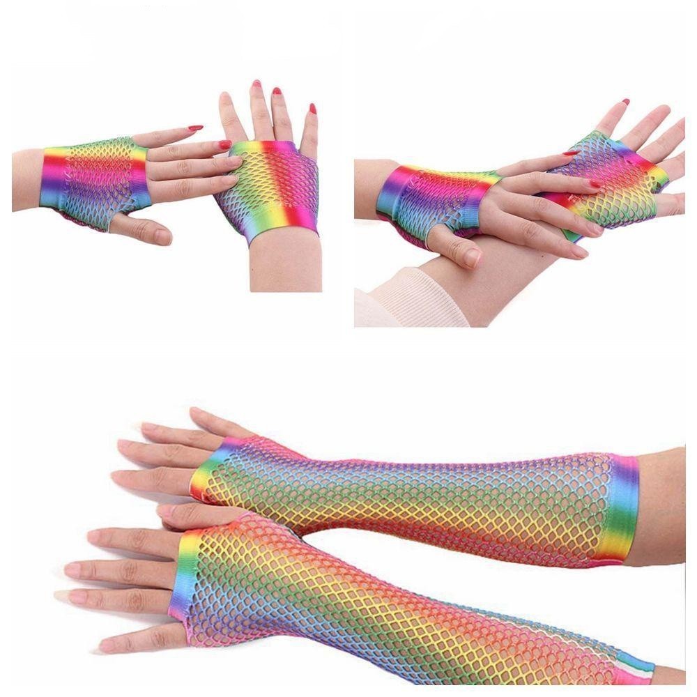 อวยพร ผู้หญิงแฟชั่นตกปลาสุทธิถุงมือเซ็กซี่แขนแขนสายรุ้งสีถุงมือสั้นครึ่งนิ้วสําหรับงานปาร์ตี้