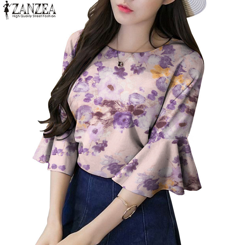 Zanzea เสื้อเบลาส์ลําลองคอลูกเรือหรูหราเกาหลีสําหรับผู้หญิง