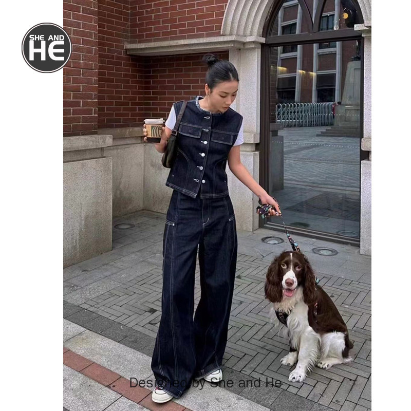 สไตล์ฮ่องกงแสงผู้ใหญ่ชุดยีนส์ผู้หญิงฤดูใบไม้ผลิฤดูร้อนเย็นชุดลําลองเสื้อกั๊กยีนส์+บางดูกางเกงขากว้างชุดสองชิ้น