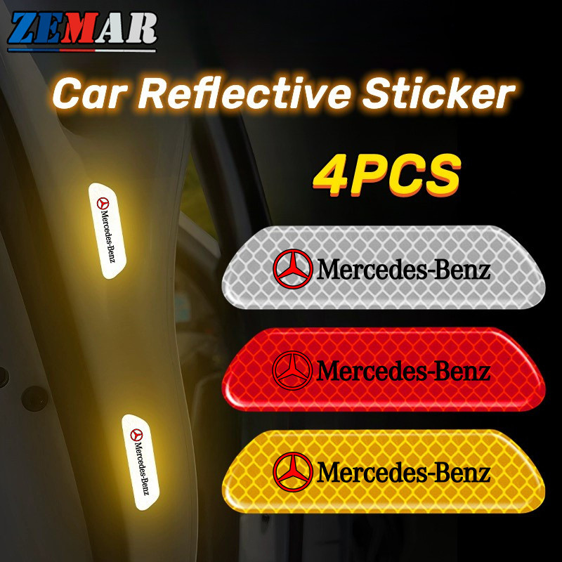 4 ชิ้น Mercedes Benz รถประตูสติกเกอร์สะท้อนแสง Scratch สติกเกอร์ป้องกันความปลอดภัยคําเตือนรถสติกเกอร์ Bright Luminous At Night สําหรับ C Class W207 W211 W205 W212 W204 W220 W206 W124 W