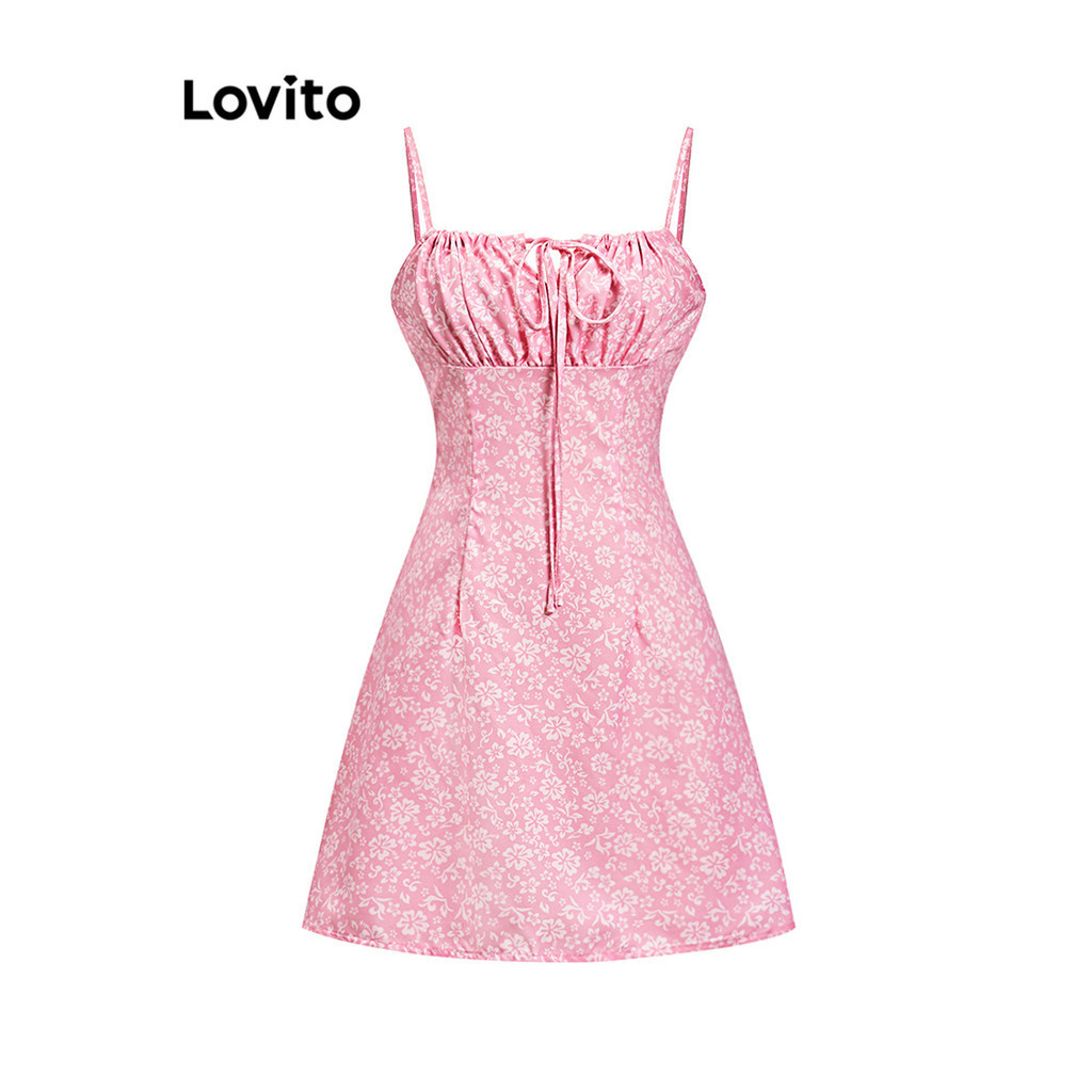 Lovito เดรสผู้หญิง ลายดอกไม้ ผูกเชือก ผูกหน้า แต่งจีบ สไตล์โรแมนติก L94AD096