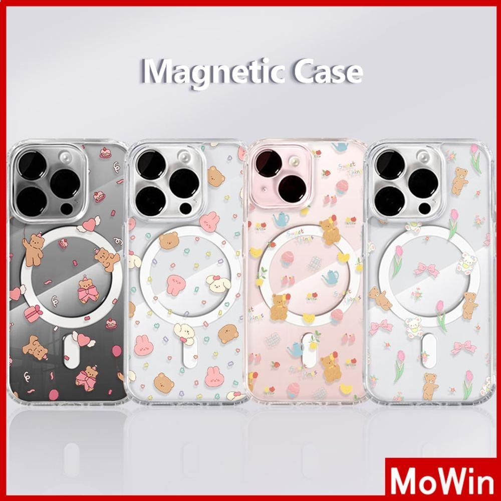 Mowin - สำหรับ iPhone 15 PRO MAX เคส iPhone 11 เสริมสร้างแม่เหล็กอะคริลิคใสกระดานแข็ง TPU กรอบนุ่มกันกระแทก ดอกไม้และหมี Compatible with iPhone 14 13 12 11 XS XR 7Plus 8Plus