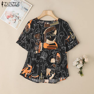 ZANZEA ซานเซีย ผู้หญิงแฟชั่นเกาหลีรอบคอกราฟฟิตีพิมพ์เสื้อแขนสั้น
