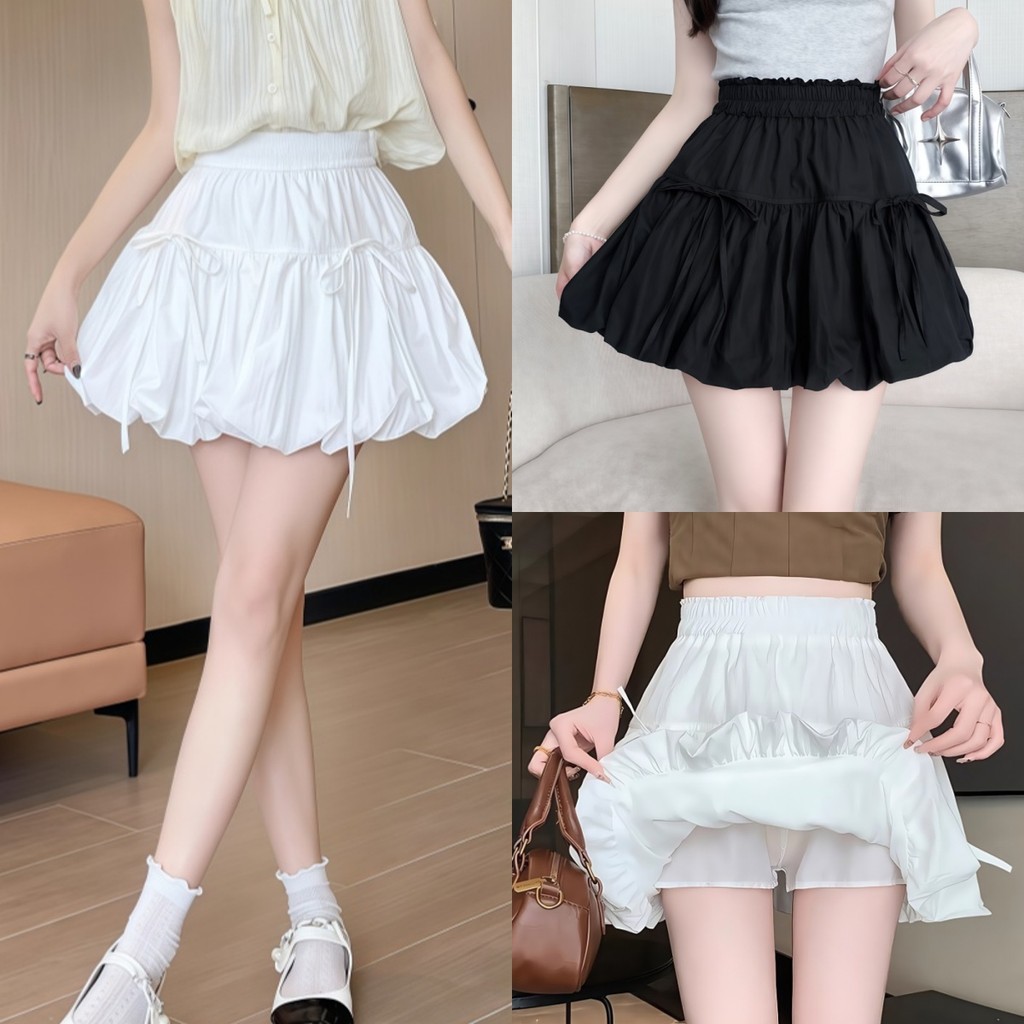 Chic พร้อมส่ง กระโปรงสั้น เอวสม็อค ทรงบอลลูน ดีเทลแต่งผูกโบว์ โซคิ้วมาก (มีซับใน) เนื้อผ้าชีฟอง ลื่นๆ ใส่สบาย น่ารักมาก