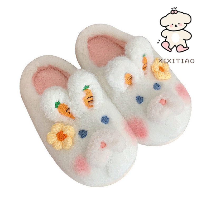 Xitiao ฤดูใบไม้ร่วงฤดูหนาว Leisure บ้านในร่ม Warm Plush รองเท้าแตะผ้าฝ้ายหญิงการ์ตูนน่ารักกระต่าย Soft Sole Baotou Confinement รองเท้า