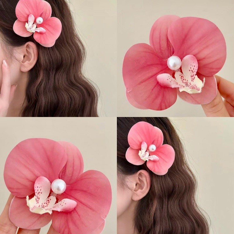 กิ๊บติดผมปลอม รูปดอกกล้วยไม้ สีชมพู สําหรับผู้หญิง