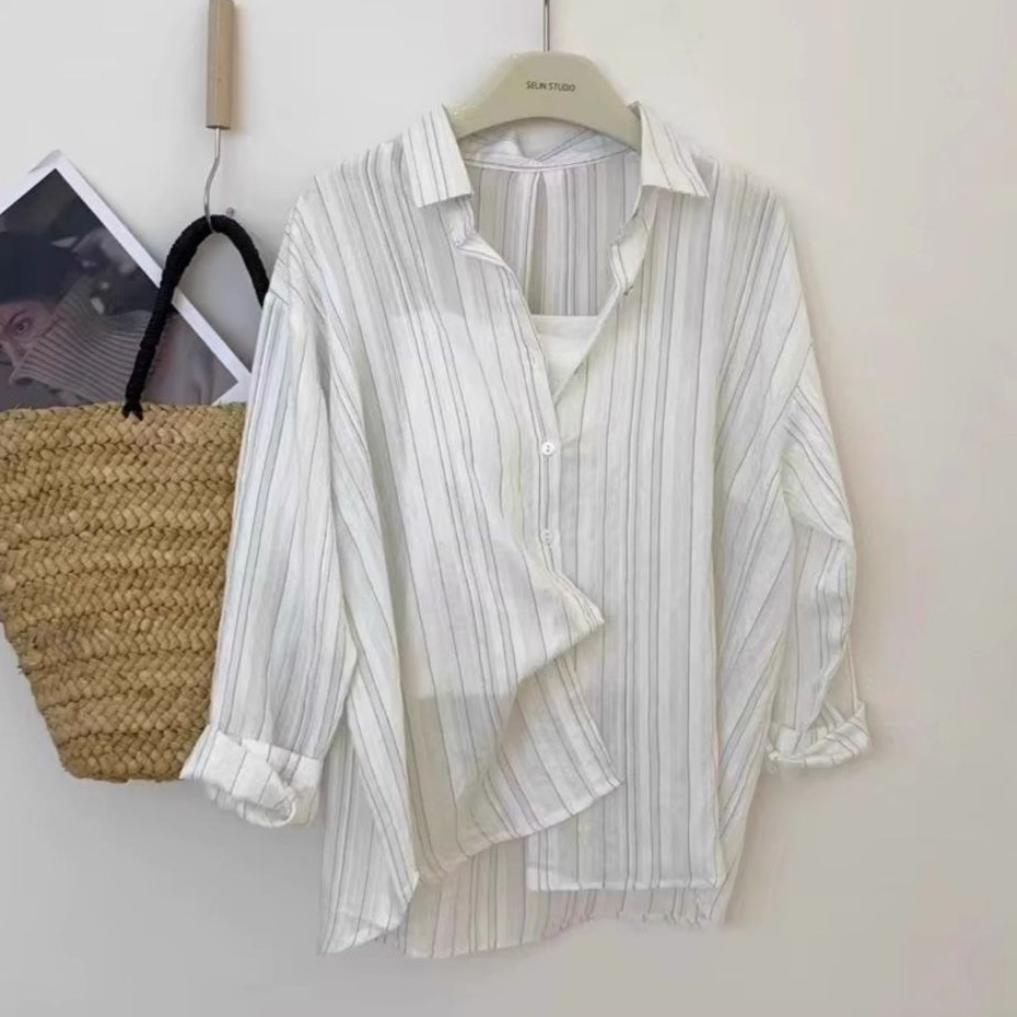 เสื้อเชิ้ตลายทางริ้วเล็ก 🤍 HHB146 เสื้อเชิ้ตคอปก กระดุมหน้า แขนยาว  ผ้าบางเบาใส่สบาย แฟชั่นฤดูร้อน ส