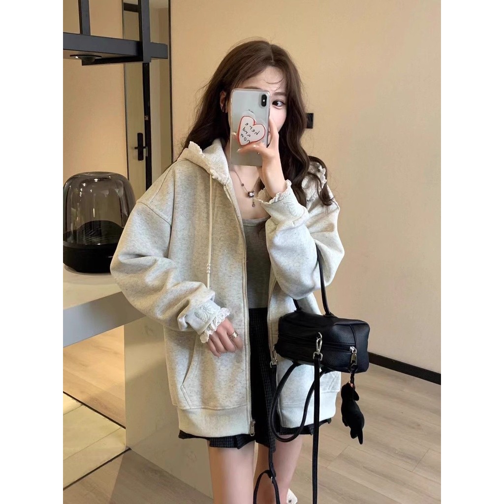 ผู้หญิงโบว์ออกแบบ ชม. เสื้อฮู้ด ลูกไม้มุกหลวมสบายๆซิปคาร์ดิแกน - รูปที่ 2