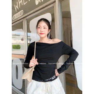 Aurora🛒พร้อมส่ง🚚 (รูปถ่ายจากงานจริง) เสื้อเปิดไหล่ ผ้าไหมพรม ดีเทลแต่งลูกไม้สีพื้น