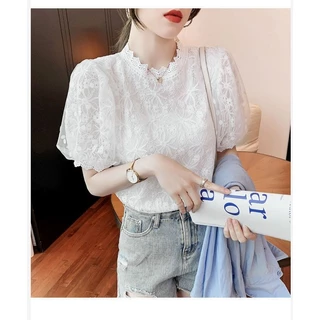 ลูกไม้สีขาวชีฟองปุ่มขึ้นเสื้อสําหรับผู้หญิงฤดูร้อนสบายๆที่เรียบง่ายหลวมครึ่งแขนสุภาพสตรีท็อปส์