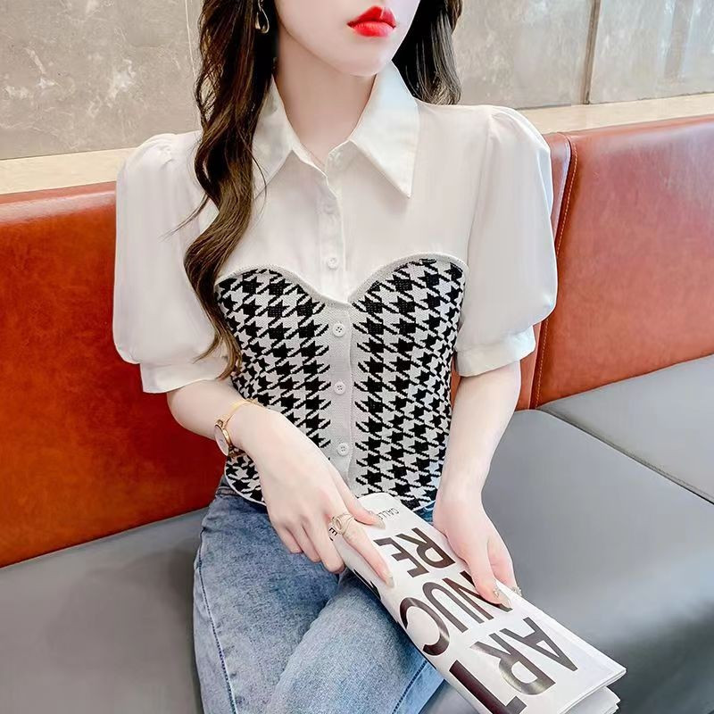 ฤดูใบไม้ผลิฤดูร้อน สไตล์เกาหลีใหม่ เสื้อคาร์ดิแกนแขนสั้นคอโปโลหรูหรา ลายตารางหมาสุนัข ถักนิตติ้ง Xig