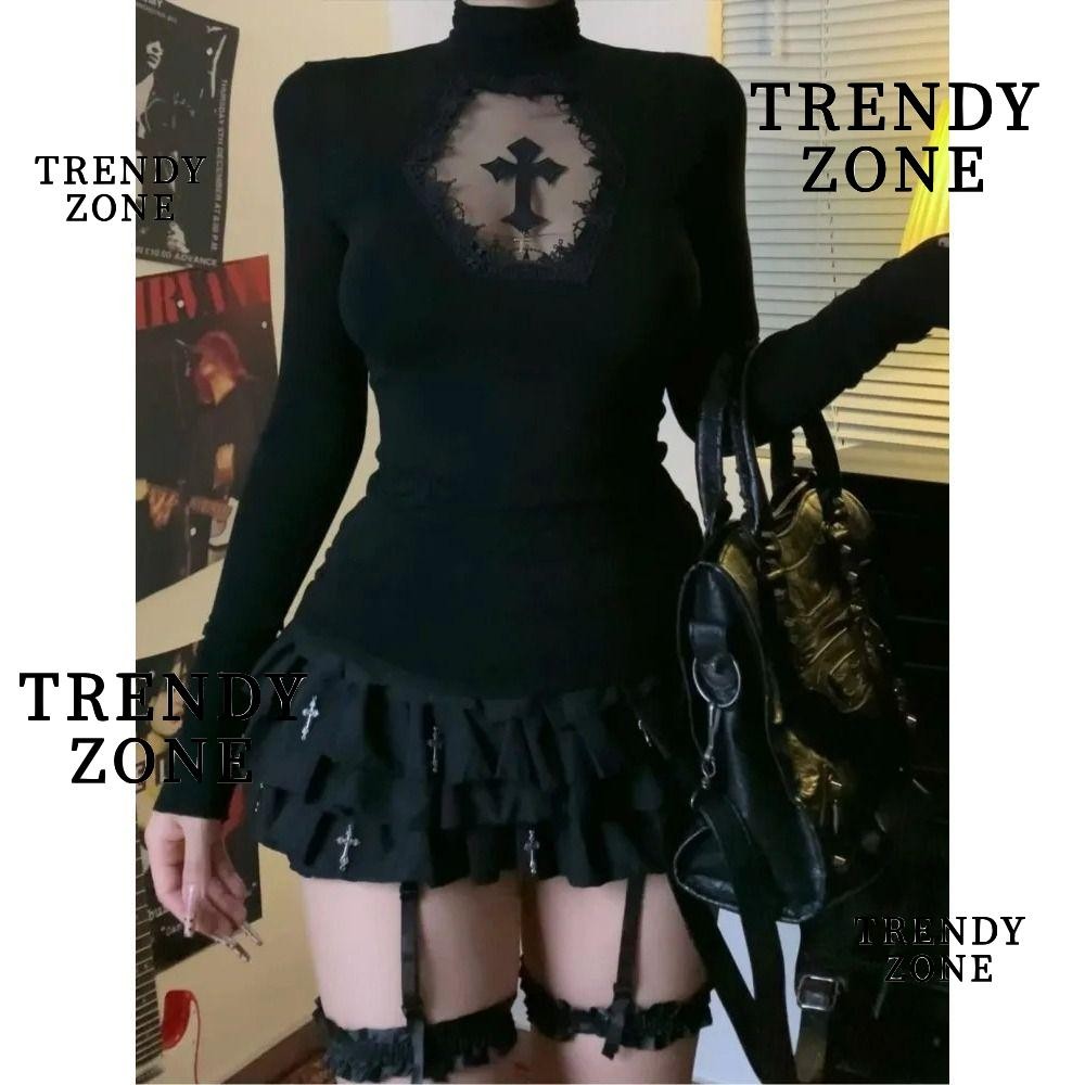 Trendyzone เสื้อคอเต่า, ลูกไม้ Gothic Y2k เสื้อผ้า, 2025 Vintage แขนยาวผู้หญิงเสื้อยืด