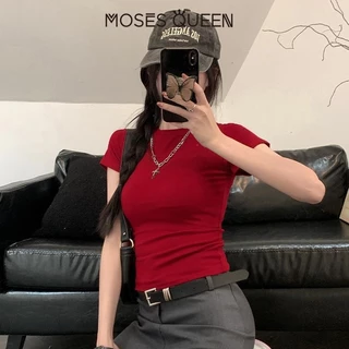 MOSESQUEEN เสื้อยืดไหล่เอวหยิกสีขาวแขนสั้นของผู้หญิงสลิมฟิตเสื้อฐานสั้นสาวเผ็ด #62145