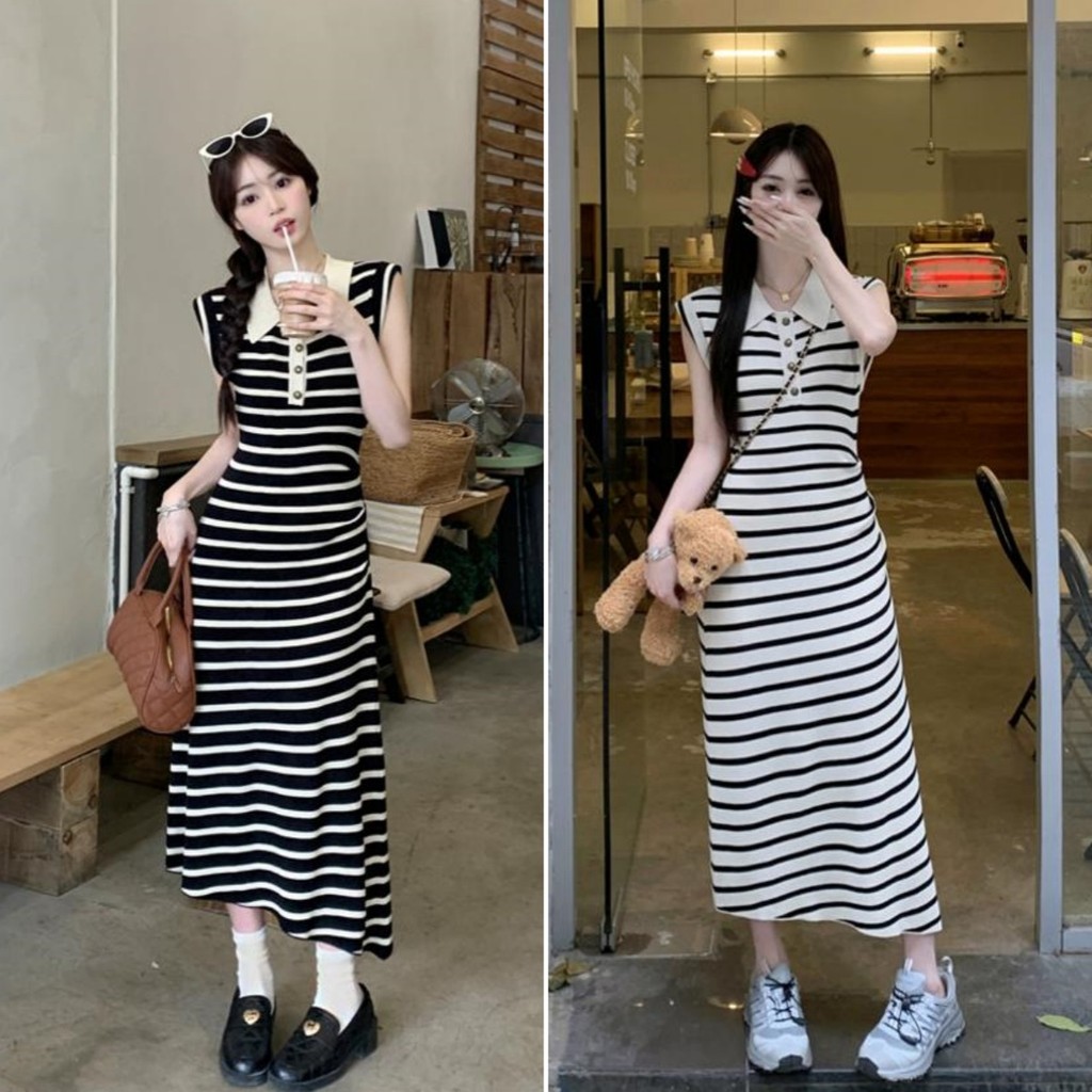 Hotgirl พร้อมส่ง เดรสสตรีแฟชั่นแขนกุดปกโปโล ดีไซน์ลายทางสุดเก๋ ทรงเอไลน์ยาวเข้ารูป