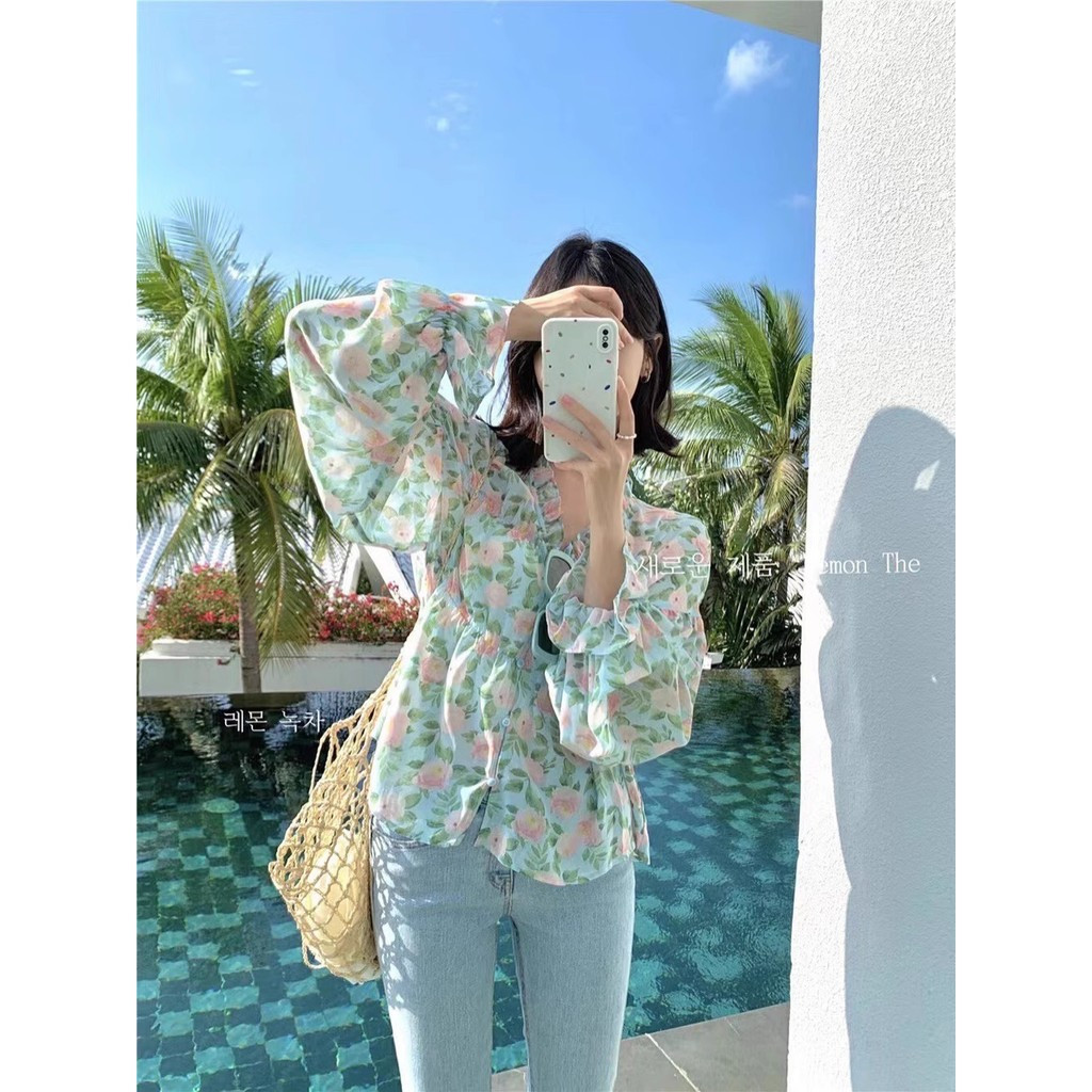 ชุดเสื้อเชิ้ตลายดอกไม้ LEMON สำหรับผู้หญิง ฤดูใบไม้ผลิ สไตล์เกาหลี แขนบาน คอวี กระดุมแถวเดียว วินเทจ