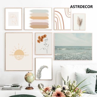 Boho Beach Gallery ภาพศิลปะบนผ้าใบ ลายเส้นนามธรรม สีรุ้ง สํา…