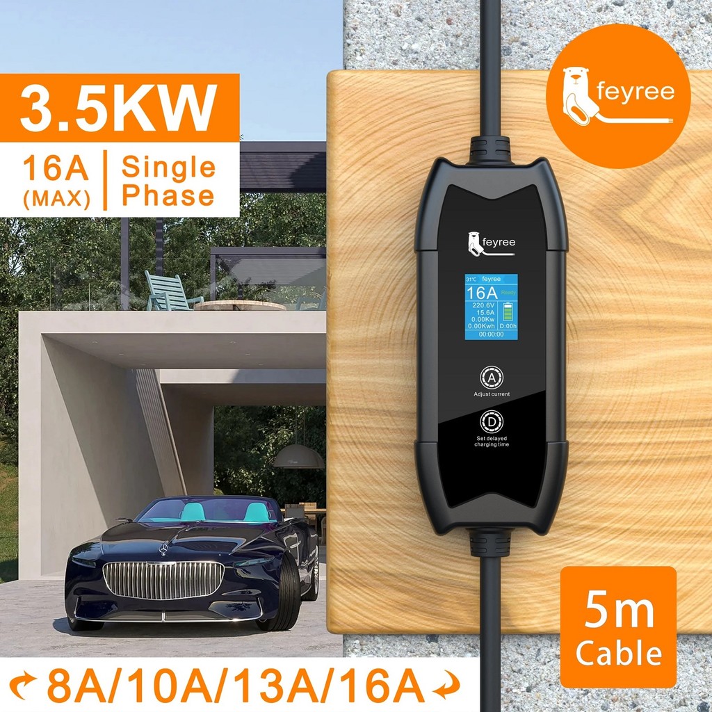 Feyree Type2 16A3.5KW เครื่องชาร์จ EV แบบพกพาพร้อมฟังก์ชั่นการปรับกระแสการนัดหมายการชาร์จการป้องกันห