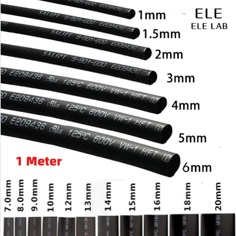 1 เมตรพรีเมี่ยมสีดําความร้อนหดท่อ 0.6 มม. ถึง 18 มม. เส้นผ่านศูนย์กลางฉนวนไฟฟ้า การมีเพศสัมพันธ์ สําหรับสายไฟและโครงการ ทําเอง