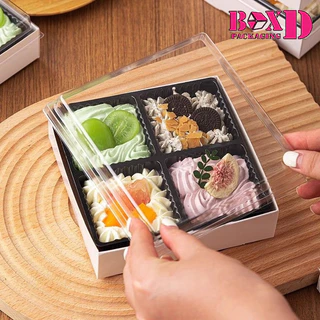 กล่องกระดาษแข็งขึ้นรูป สีขาว 4ช่องพลาสติกฐานสีดำฝาใส มี3ขนาด 18-14-12 ซม. แพค10ชุด AA27