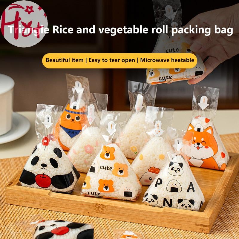 GE 100 ชิ้นน่ารักการ์ตูนสําหรับสามเหลี่ยมถุงบรรจุภัณฑ์ข้าว Onigiri Wrapper สาหร่ายทะเลถุงซูชิทําแม่พิมพ์ Bento อุปกรณ์เสริมสแควร์
