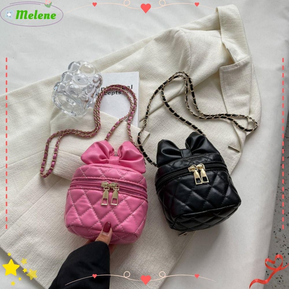 Melene กระเป๋าถือ กระเป๋าเครื่องสําอาง สะพายข้าง หนัง PU ประดับโบว์น่ารัก แฟชั่น