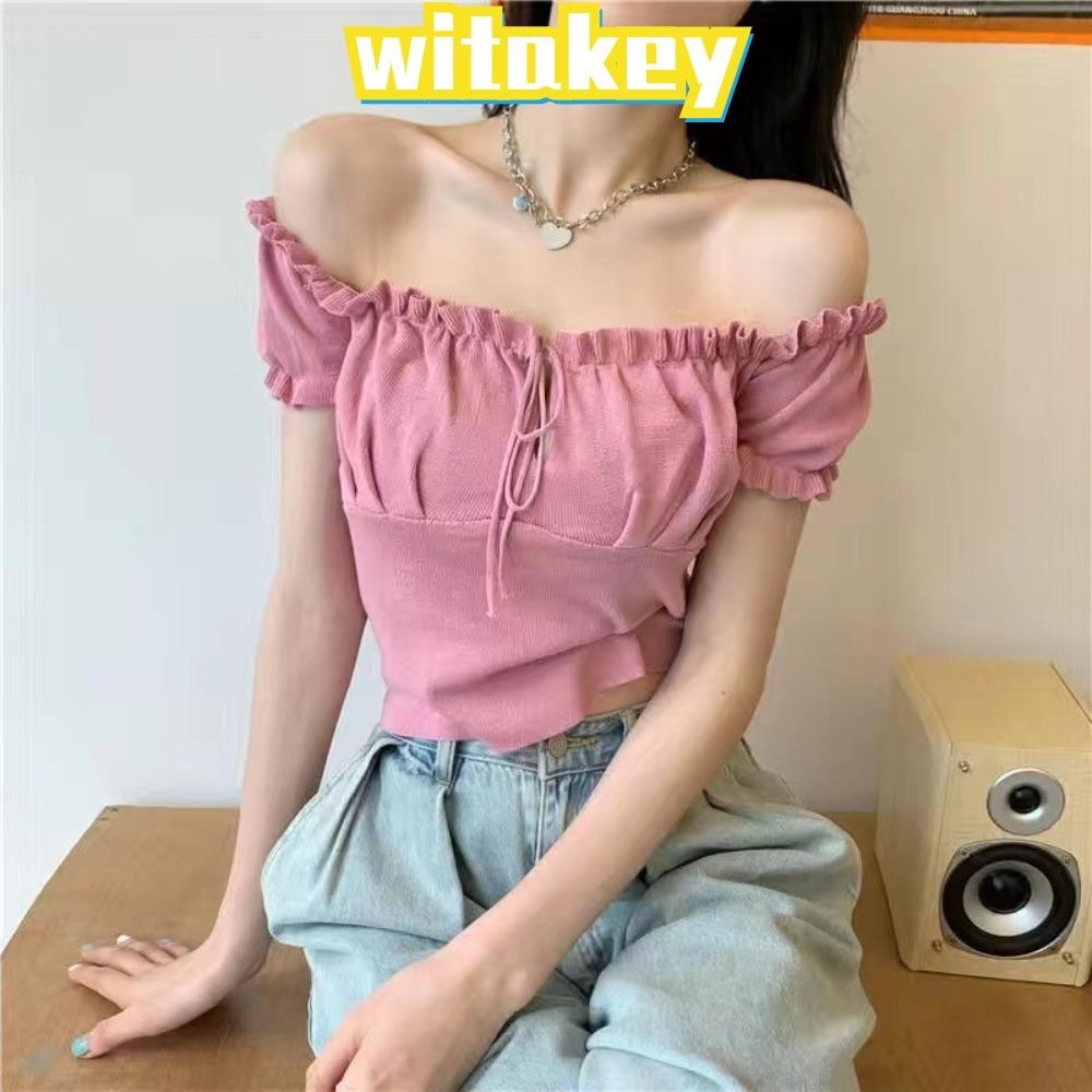 Witakey เสื้อยืด แขนสั้น คอสี่เหลี่ยม เปิดไหล่ ผ้าเรยอน จับจีบ แฟชั่น สําหรับผู้หญิง