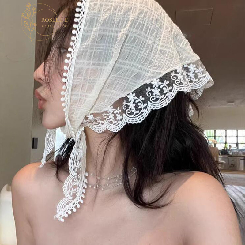 Roselife ผ้าโพกศีรษะ ผ้าพันคอ ผ้าชีฟอง ลูกไม้ สไตล์วินเทจ ฝรั่งเศส ฤดูร้อน สําหรับผู้หญิง