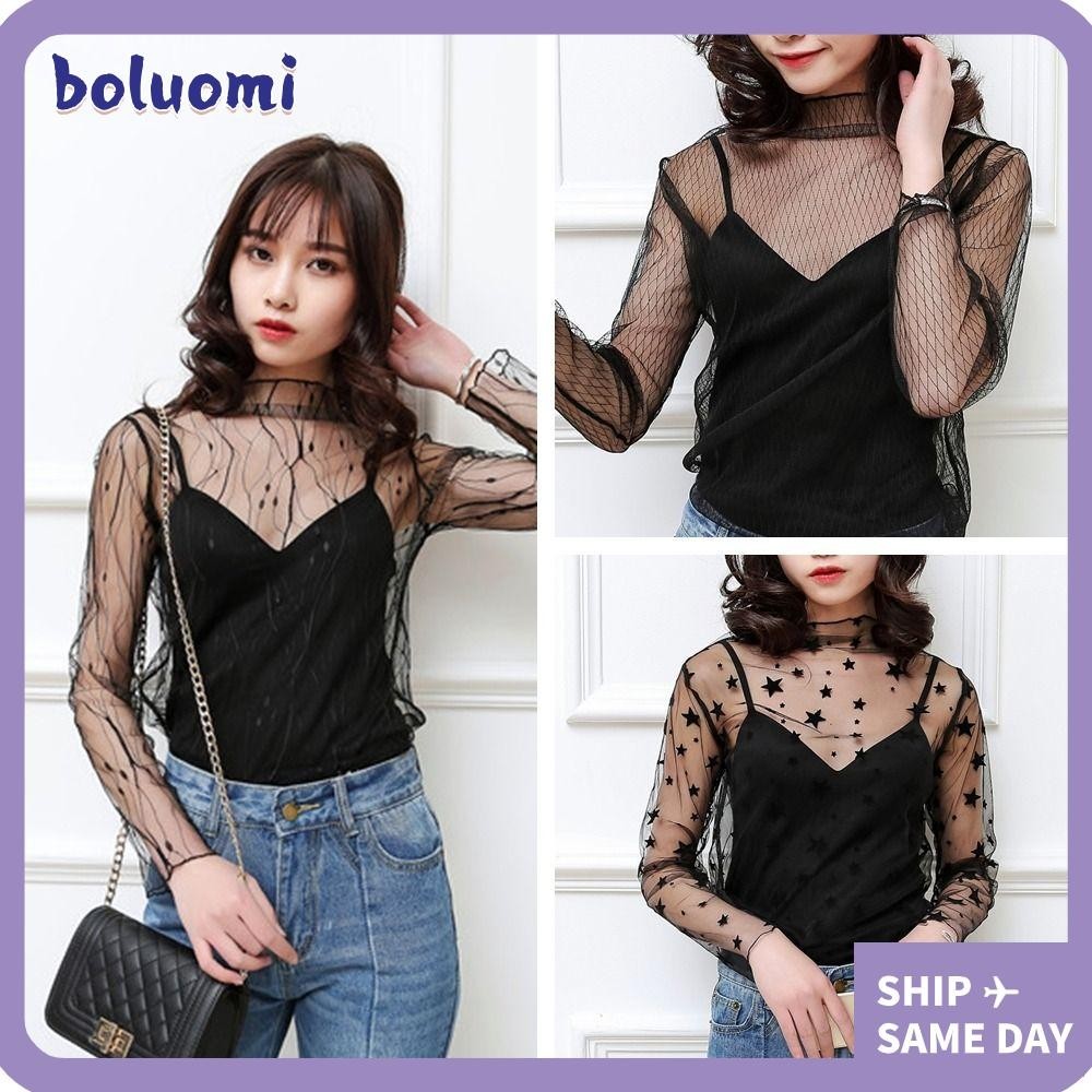 Boluomi เสื้อยืด เสื้อเบลาส์ซีทรู แขนยาว ผ้าตาข่ายซีทรู สีดํา