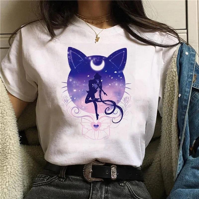 เสื้อยืด พิมพ์ลายการ์ตูนอนิเมะเซเลอร์มูน 90s Y2k แฟชั่นฤดูร้อน สไตล์ญี่ปุ่น สําหรับผู้หญิง