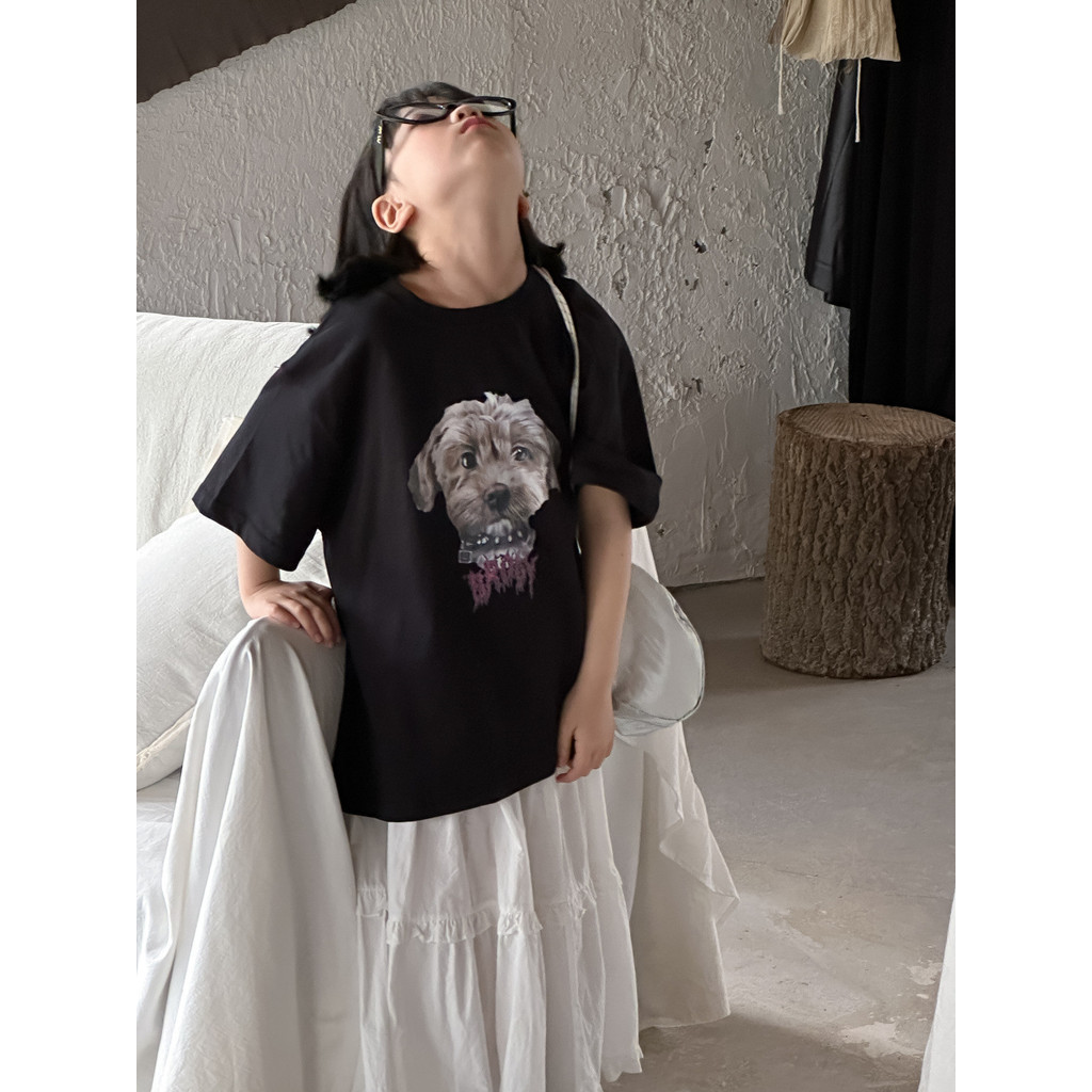 เสื้อยืดแขนสั้นลําลอง คอกลม พิมพ์ลายลูกสุนัข ทรงหลวม แฟชั่นฤดูร้อน สไตล์เกาหลี สําหรับเด็กผู้ชาย และเด็กผู้หญิง 2024