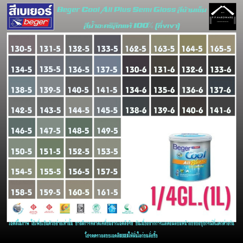 Beger สีภายนอก+ภายใน สีทาบ้าน สีน้ำอะคริลิก สีบ้านเย็น กึ่งเงา Beger Cool All Plus ขนาด1/4GL. โทนสีเทา SET4
