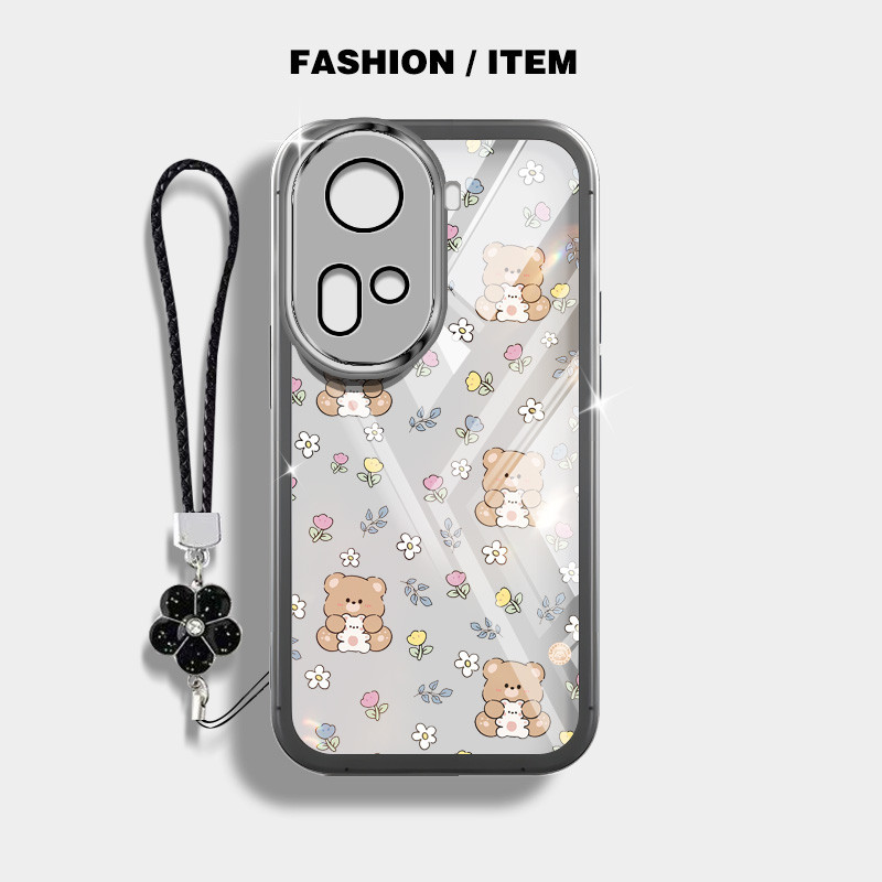 เคสโทรศัพท์มือถือแบบใส กันกระแทก ลายดอกไม้ หมี พร้อมสายคล้อง สําหรับ Oppo Reno11 F Reno11 Pro 5G 11F F25 Pro 5G