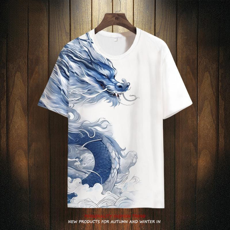 เสื้อยืดแขนสั้น พิมพ์ลายมังกร สไตล์จีน ระบายอากาศ พลัสไซซ์ แฟชั่นฤดูร้อน สําหรับผู้ชาย