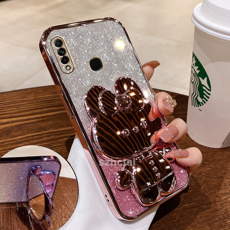 เคส oppo a31 a8 กลิตเตอร์ ขอบตรง ชุบไฟฟ้า พร้อมขาตั้งกระจก รูปกระต่ายน่ารัก เคสโทรศัพท์ oppo a31 a8