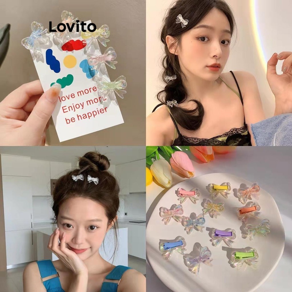 Lovito กิ๊บติดผมผู้หญิง รูปโบว์ สีใส แบบเลเซอร์ สีเรียบ สไตล์น่ารัก LFA28084