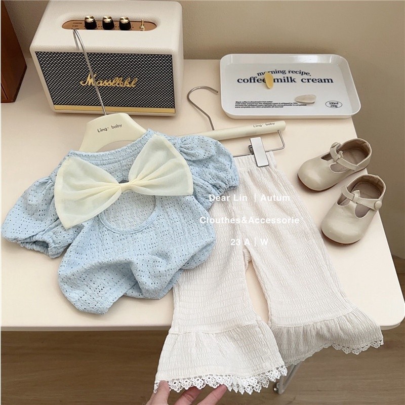 เสื้อยืดแขนสั้น ผ้าฝ้าย แต่งลูกไม้ ประดับโบว์ สไตล์เกาหลี แฟชั่นฤดูร้อน สําหรับเด็กผู้หญิง