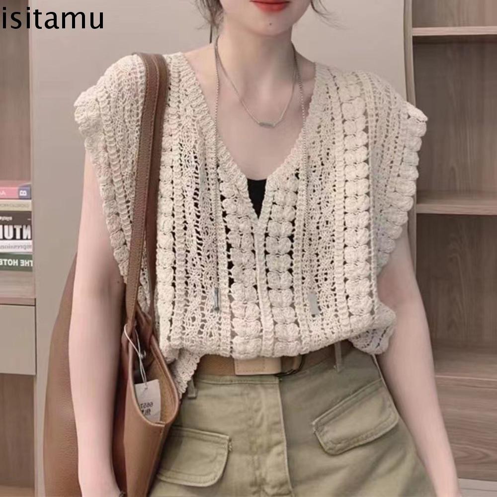 Isitaft โบฮีเมียสไตล ์ Camisole, ดอกไม ้ Cross สไตล ์ ชาติพันธุ ์ เย ็ บปักถักร ้ อย Vest, หวาน Hollow โครเชต ์ หัวใจถักถัง Top Ladys