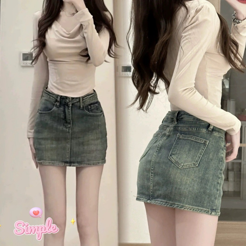 SimpleStore จัดส่งในกรุงเทพฯ สไตล์ฮ่องกงวินเทจเอวสูงร้อนสาวสวยยีนส์กระโปรงสั้น 005