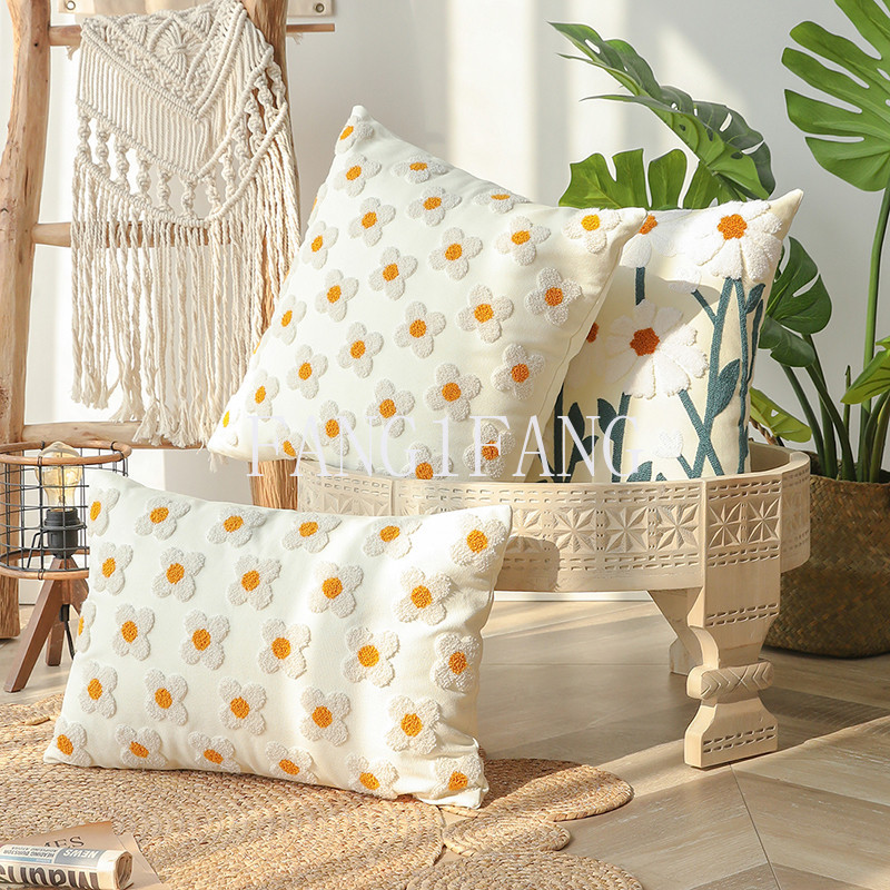 1pc สีขาว Boho ดอกไม ้ Tufted ตกแต ่ งโยนปลอกหมอน , พฤกษศาสตร ์ ปักผ ้ าฝ ้ ายเบาะสําหรับโซฟาเตียง