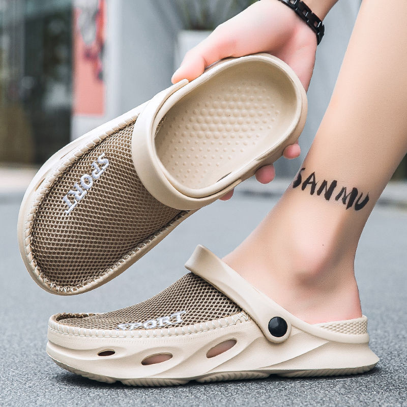 Extraordinary 2024 Lazy Hole รองเท้าครึ่งรองเท้าแตะผู้ชายฤดูร้อนสวมใส่ด้านนอกพื้นผิวตาข่าย Anti-slip Soft Sole กีฬาขับรถ Dual