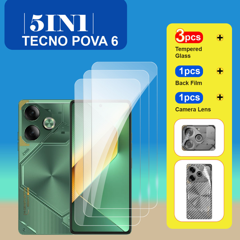 5in1 สําหรับกระจกนิรภัย TECNO POVA 6 Pro 5G 9H กันกระแทกฟิล์มใส POVA 6 ป้องกันหน้าจอป้องกัน + เลนส์ฟิล์ม + ฟิล์มด้านหลัง